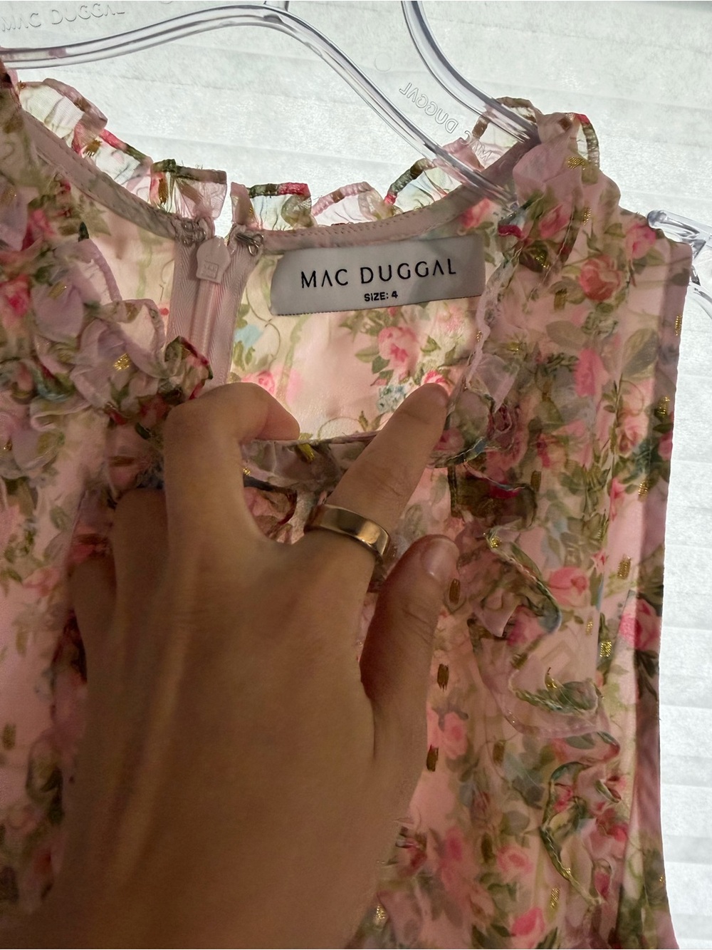 Mac Duggal Sleeveless Floral Print Chiffon Micro Ruffle Gown